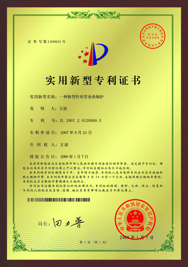 一種新型針形管余熱鍋爐專利證書